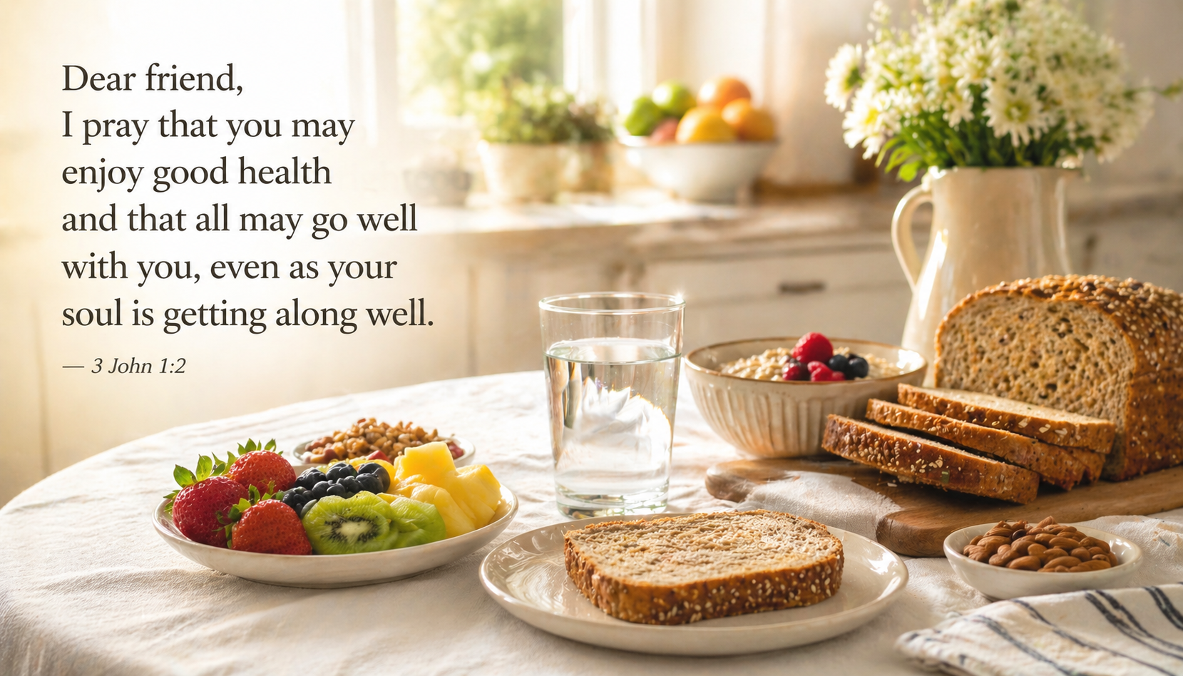 Healthy breakfast table with fresh fruit bread and water in morning kitchen light with 3 John 1:2 verse text